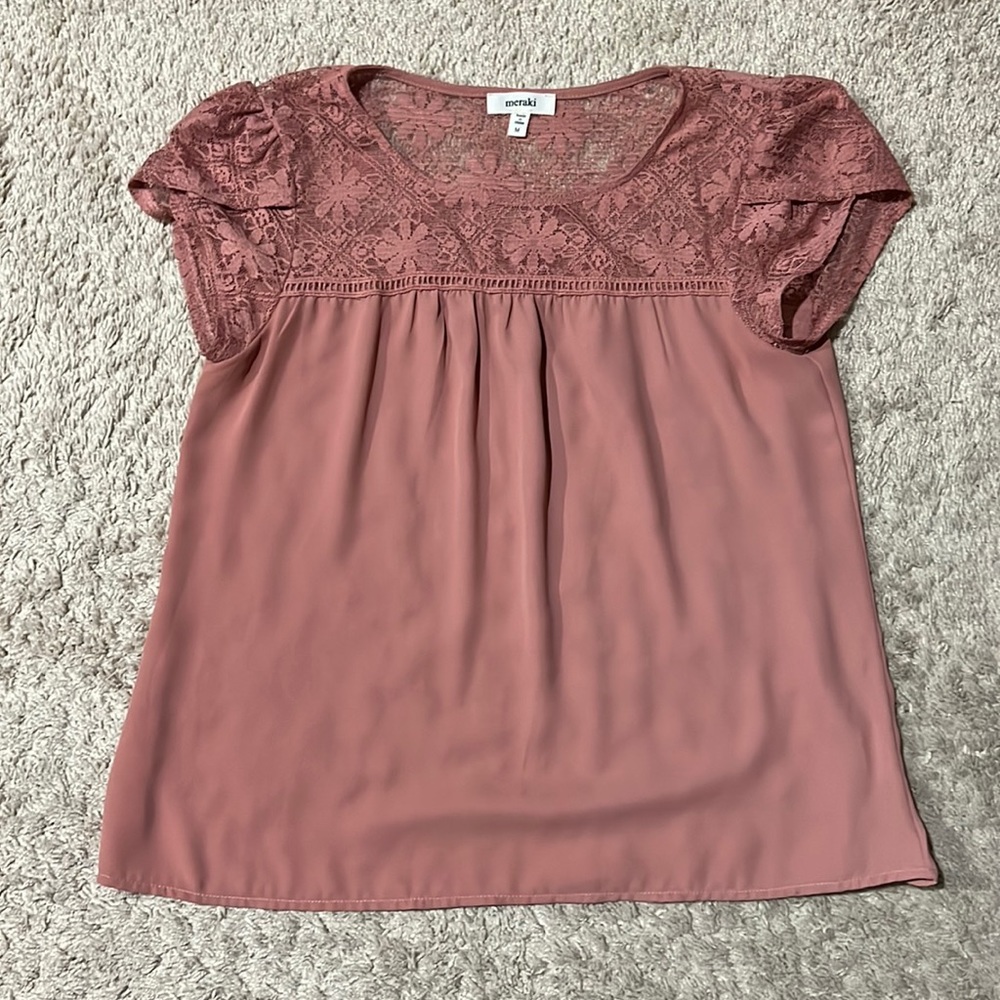 Meraki flowy blush pink color lace top short sleeve blouse loose fit